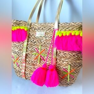 Lilly Pulitzer Straw Baja Tassel Pompom Colorful Tote  Beach Pool Vacation